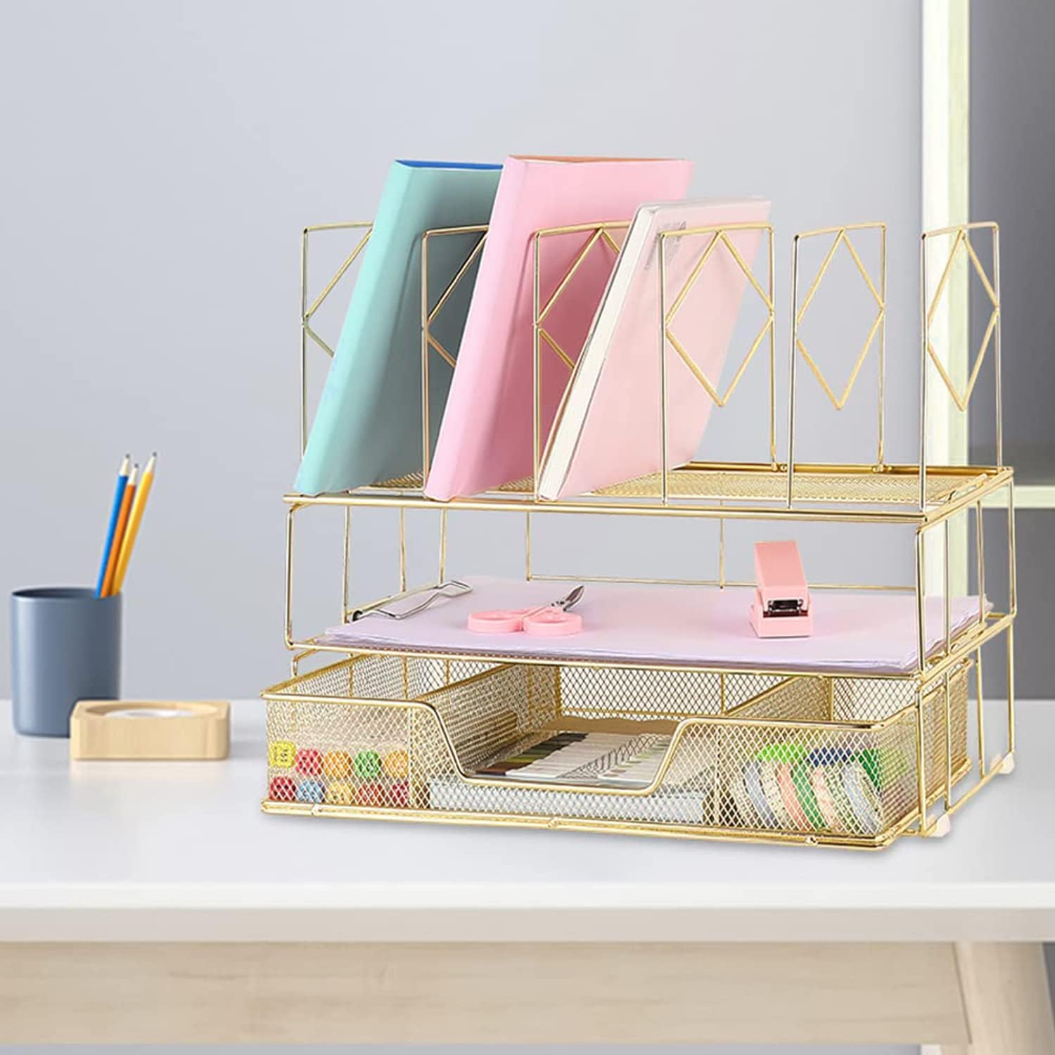 Youbetia Desk Organizers and Accessories - Double Tray and 5 Upright Sections, Office Supplies Desk Organizer with Drawer, File Office Organization with Binder Clips, Gold - Image 4